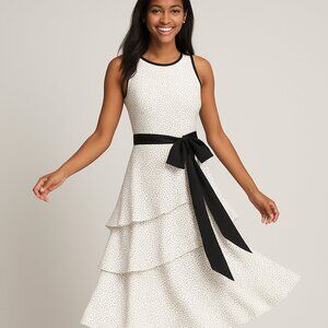 Adrianna Papell Black White Polkadot Sleeveless Tiered Dress Size 10 NWT